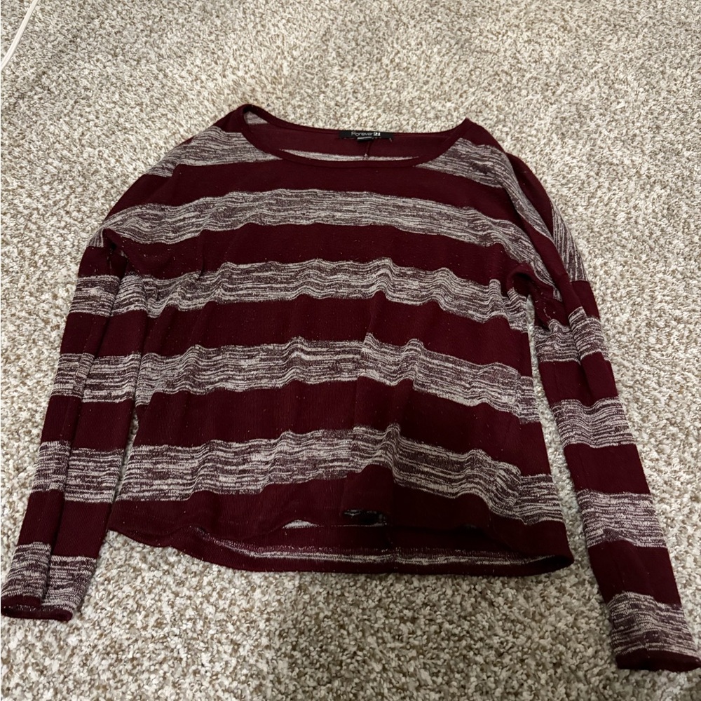 Forever 21 Burgundy and Gray Striped Long Sleeve Top
